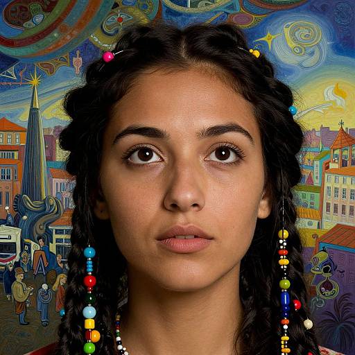 Photograph of a young woman with dark braided hair, wearing colorful bead jewelry, set against a vibrant, surreal Van Gogh-style cityscape background