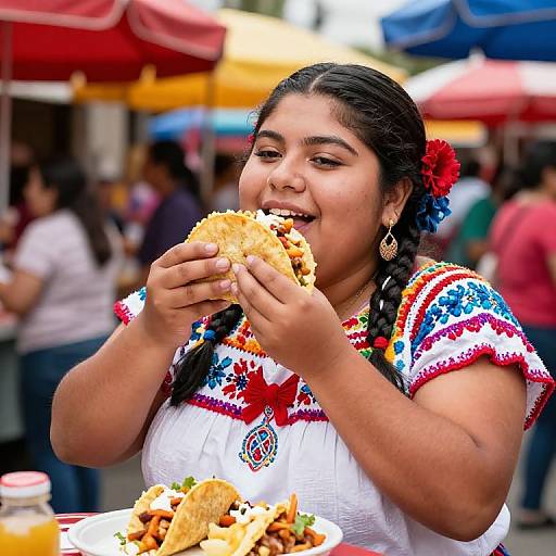 Photograph of a smiling Hispanic woman with dark hair in braids, wearing a colorful embroidered blouse, eating a taco at a busy outdoor market.