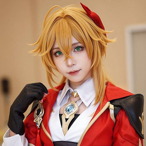 Photograph of a young woman with blonde hair and green eyes, cosplaying as a character with a red jacket, black gloves, and white shirt,