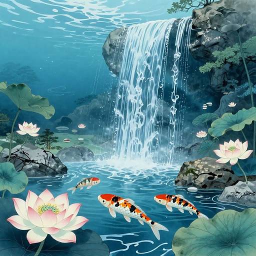 Digital artwork of a serene pond with a waterfall, featuring three colorful koi fish, pink lotus flowers, and green lily pads.
