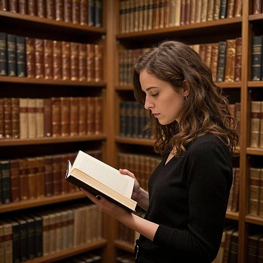 Photograph of a young woman with wavy brown hair, wearing a black top, reading a book in a wooden library filled with leather-bound books.