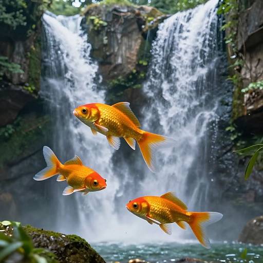 Photograph of three vibrant orange goldfish swimming in front of a cascading waterfall amidst lush greenery and rocky cliffs.