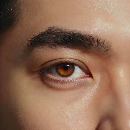 Close-up photograph of a light-skinned male's right eye with brown iris, thick dark eyebrows, and slight facial texture visible.