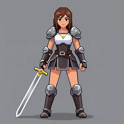 Pixel art of a brown-haired female warrior in black and silver armor, holding a white sword with a yellow hilt, standing against a gray background.