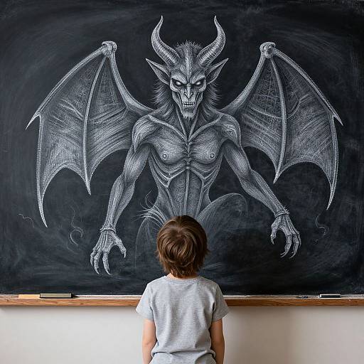 Photograph of a child with brown hair in a gray shirt, standing before a chalk drawing of a muscular, demonic creature with horns and bat wings on