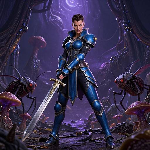 Digital fantasy artwork: Muscular man in blue armored suit, holding sword, standing in dark, mystical forest with glowing mushrooms and menacing insects.