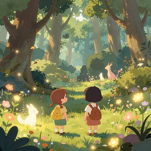 Digital illustration of two children with backpacks, standing in a sunlit, enchanted forest, watching a deer among glowing flowers and fireflies.