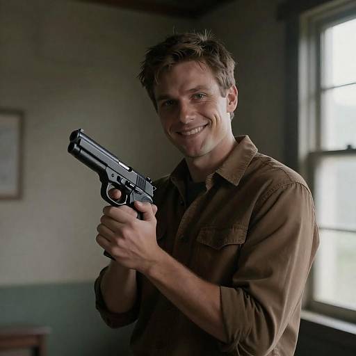 Smiling Man with Gun in Dim Room