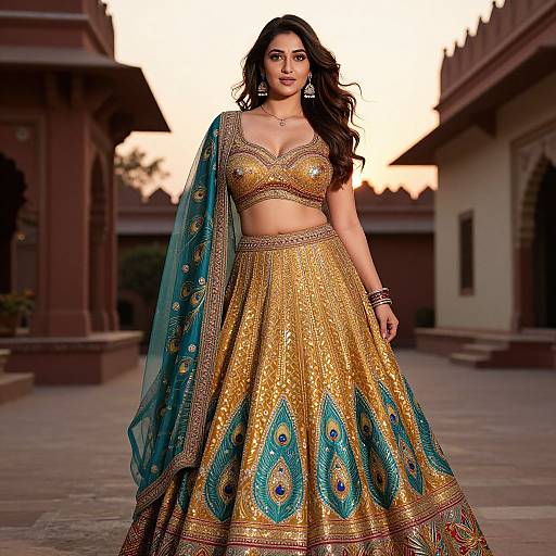 Photograph of an Indian woman with long black hair, wearing a gold and blue peacock-patterned lehenga with a matching crop top and sheer blue