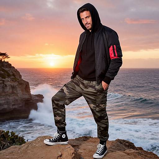 Photograph of a bearded man in black hoodie, red-accented jacket, camo pants, and black sneakers, standing on a cliff at
