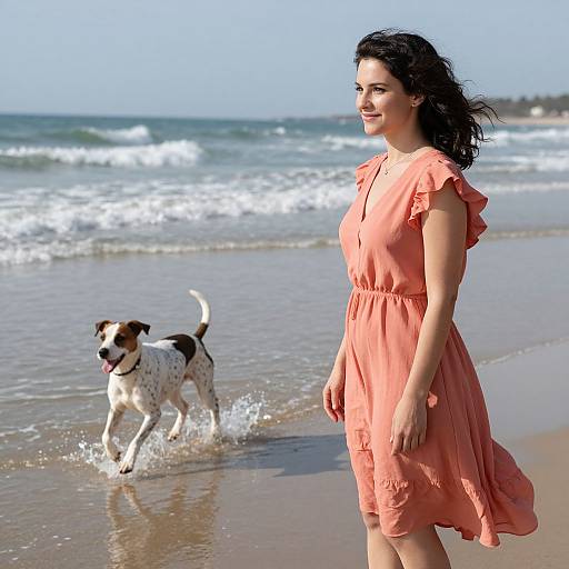 Photograph of a smiling woman with dark curly hair in an orange dress, walking on a sunny beach with a black-and-white spotted dog splashing in