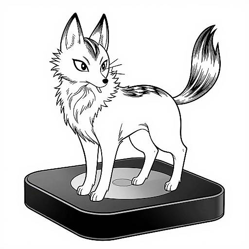 Black and white digital drawing of a small, alert fox with a bushy tail, standing on a rectangular platform.