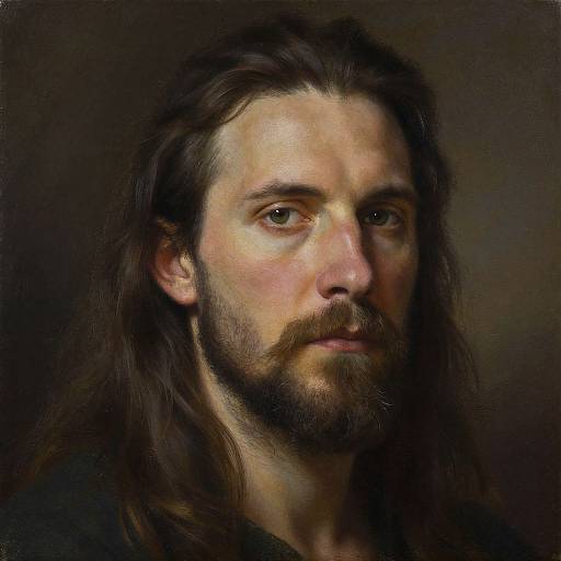 Digital painting of a solemn, bearded man with long dark hair, fair skin, and intense eyes, set against a dark background.
