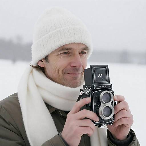 Smiling Man with Vintage Twin-Lens Camera