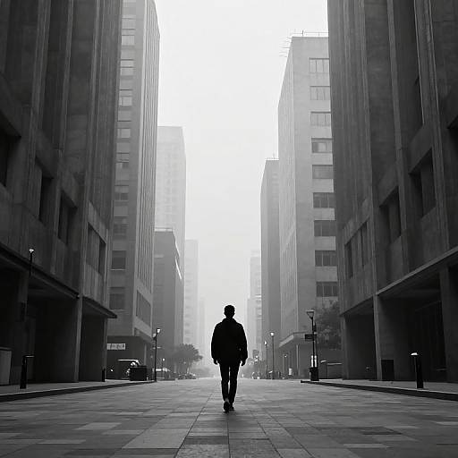 Black-and-white photograph of a solitary figure in a dark coat walking down a foggy, narrow urban canyon with tall buildings on both sides.