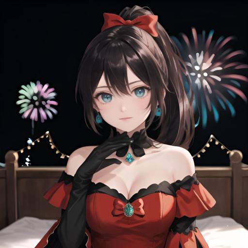 Anime Girl with Fireworks Night Sky