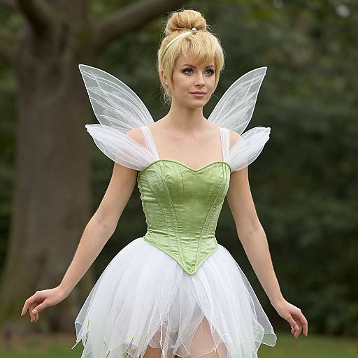 Digital CGI image of a blonde fairy with green corset, white tulle skirt, and transparent wings, standing in a forest.