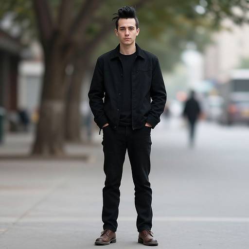 Photograph of a young man with pale skin, black spiky hair, wearing a black jacket, black pants, and brown shoes, standing confidently on