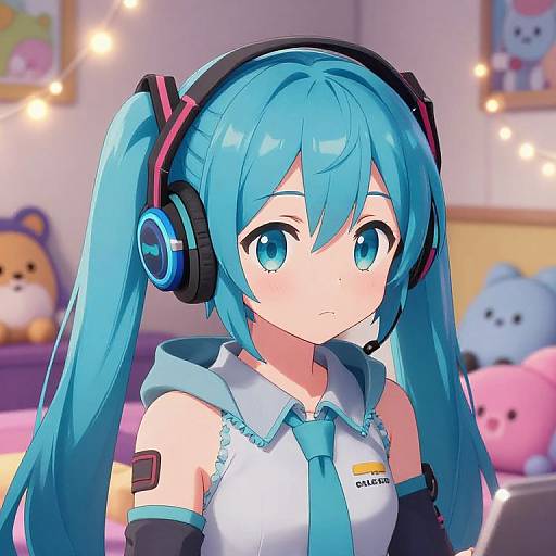 Anime-style digital drawing of Hatsune Miku with turquoise twin-tails, blue eyes, wearing a headset, white sleeveless top, and teal tie