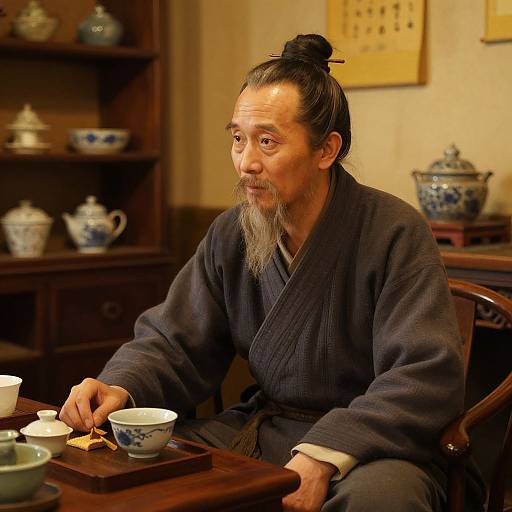 Photograph of an elderly Asian man with a black bun and gray beard, wearing a dark robe, sitting in a traditional tea room, preparing tea with