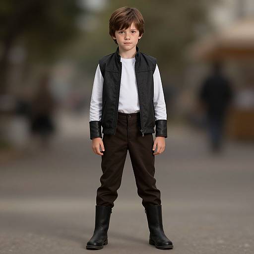Photograph of a young boy with brown hair, wearing a black vest over a white shirt, black pants, and black boots, standing on a blurred