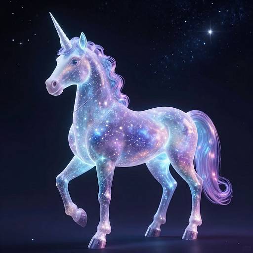 Glowing, ethereal unicorn with a starry, cosmic mane and tail, illuminated in vivid blue and purple hues, stands majestically against
