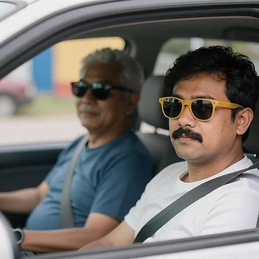 Two men sitting in car wearing sunglasses