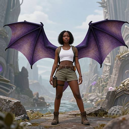Digital artwork: Dark-skinned woman with purple bat wings, white crop top, green shorts, brown boots, standing in a mystical, ruined landscape.