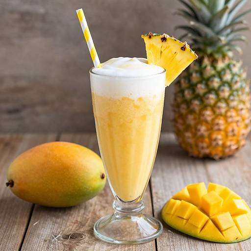 Photograph of a tropical mango smoothie in a glass with a straw and pineapple wedge, surrounded by mangoes, sliced mango, and a whole pineapple