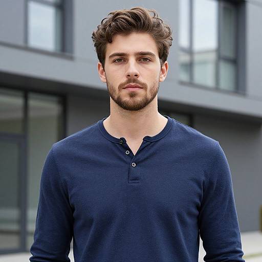 Photograph of a handsome Caucasian man with brown wavy hair, beard, and blue eyes, wearing a navy long-sleeve henley shirt,