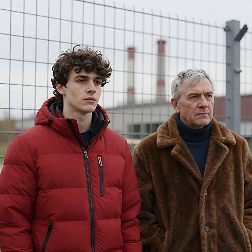 Two Men Standing by Industrial Fence