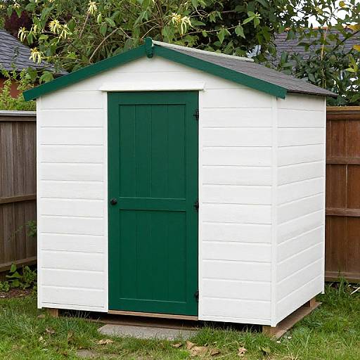 Photograph of a white wooden chicken coop with green doors and roof, set on grass with a wooden fence and leafy trees in the background.