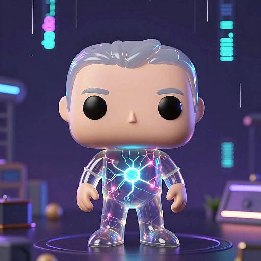 CGI chibi figure with grey hair, large black eyes, and a transparent, glowing, neon-lit outfit on a futuristic, neon-lit