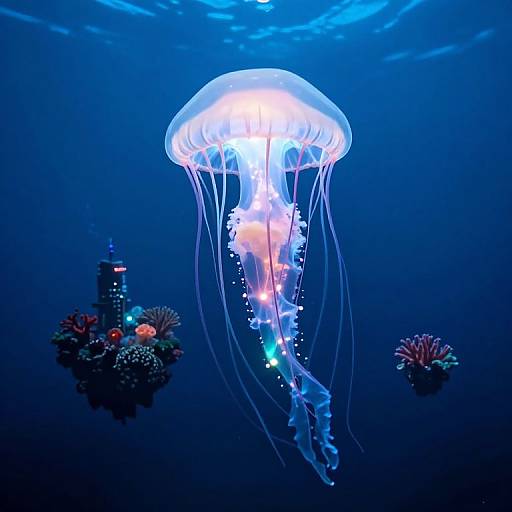 Photograph of a glowing blue and white jellyfish with long, trailing tentacles, floating above a coral reef with colorful sea anemones and a