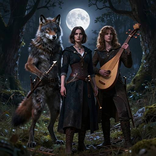 Werewolf and Fantasy Adventurers in Moonlit Forest