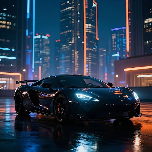 Photograph of a sleek, black, futuristic sports car with glowing blue headlights in a neon-lit, rain-soaked urban cityscape at night.