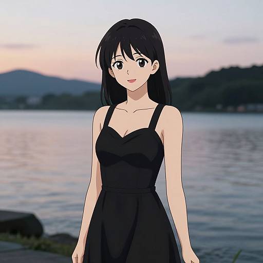 Anime-style digital drawing of a black-haired woman in a black dress standing by a serene lake at sunset. Mountains and trees in the background. Soft past