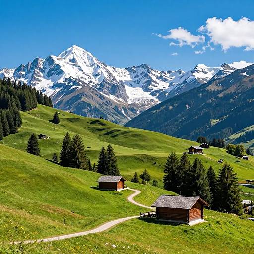 Photograph of a vibrant, green Alpine meadow with wooden cabins, winding path, and snow-capped mountains under a clear, blue sky.