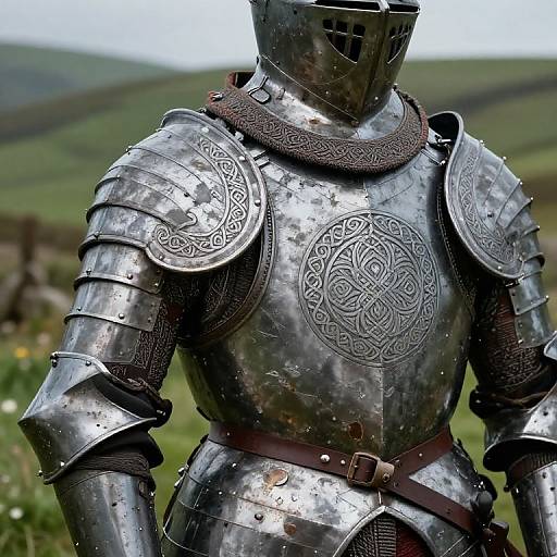 Photograph of medieval knight in shiny, intricately engraved steel armor with Celtic patterns, standing in a grassy, hilly landscape.