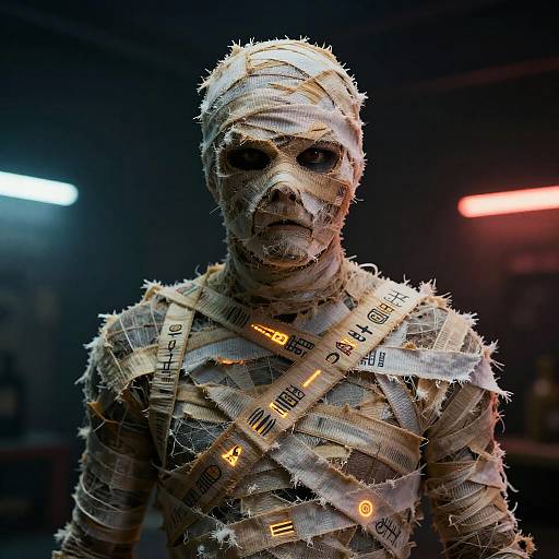 Photograph of a menacing, mummy-like figure with torn, illuminated bandages, glowing eyes, and a dark, neon-lit background.