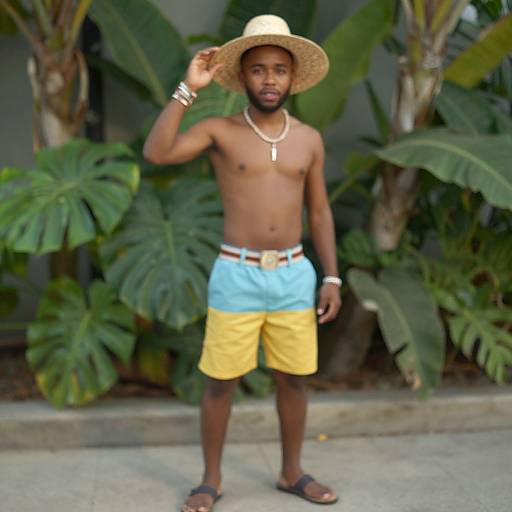 Photograph of a shirtless Black man wearing a straw hat, blue-yellow shorts, sandals, and jewelry, standing in front of lush green tropical plants