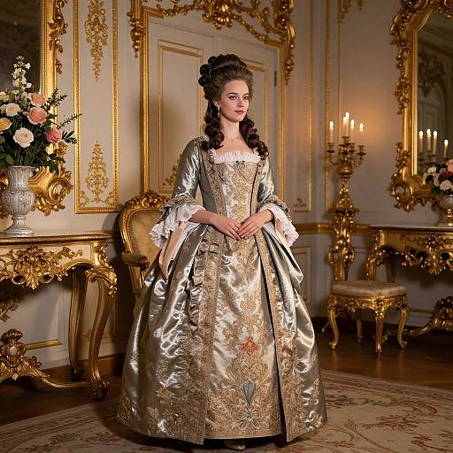 Photograph of a woman in an elaborate, gold-embroidered, 18th-century-style satin gown, standing in a luxurious, ornate
