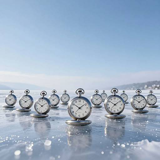 Photograph of silver pocket watches with white faces, black numbers, and silver hands, scattered on a shiny, icy blue surface under a bright blue sky