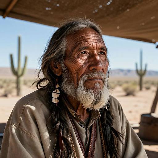 Photograph of an elderly Native American man with long gray hair, white beard, and feather earring, wearing a brown shirt, sitting under a shade