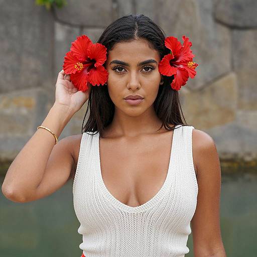 Young Woman with Hibiscus Flowers Portrait