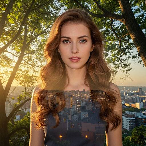 Photograph of a beautiful young woman with long, wavy brown hair, wearing a black dress with cityscape pattern, standing in a sunlit forest