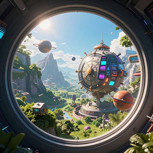 Digital art: futuristic circular window view of vibrant sci-fi landscape with floating cities, colorful orbs, lush greenery, and distant mountains.