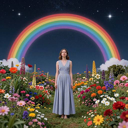 Photograph of smiling woman in blue-and-white striped dress standing in vibrant flower garden with rainbow and stars in night sky background.