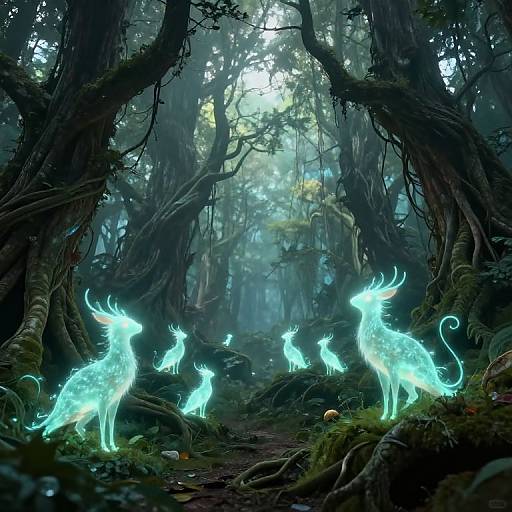 Mystical forest scene with ethereal, glowing blue deer-like creatures with luminescent antlers, surrounded by dense, dark trees and misty
