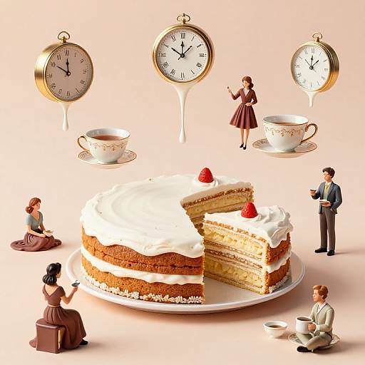 Whimsical digital illustration: miniature people around a slice of cake with white frosting, surrounded by clocks, teacups, and a standing woman.